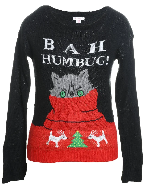 Cat Design Black Knit Christmas Jumper - M Stylish Fashionable Trendy