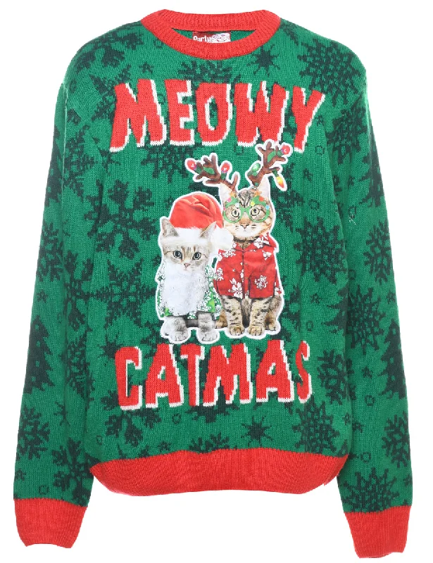 Cat Printed Christmas Jumper - L Layered Multi-layer Single Layer