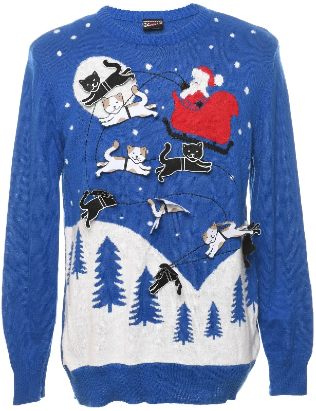 Cat Printed Christmas Jumper - L Transparent Opaque Sheer