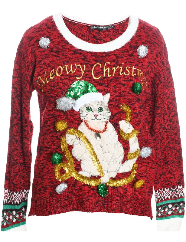 Cat Printed Christmas Jumper - M Glossy Satin Silk