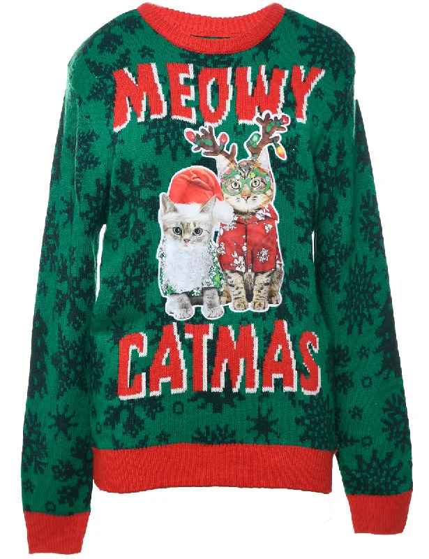 Cat Printed Christmas Jumper - M Solid Print Embellished