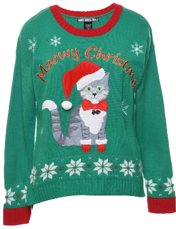 Cat Printed Christmas Jumper - M Satin Blend Silk Blend Wool Blend