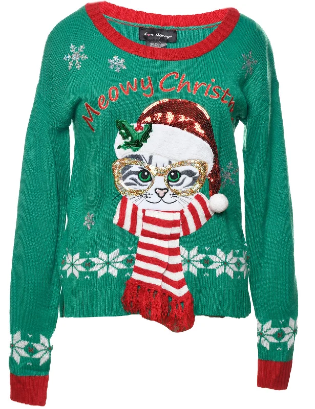 Cat Printed Christmas Jumper - M Spandex Blend Rayon Blend Denim Blend