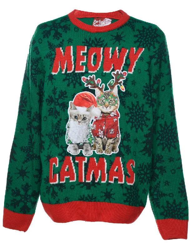 Cat Printed Christmas Jumper - XL Lace Blend Ribbed Blend Corduroy Blend