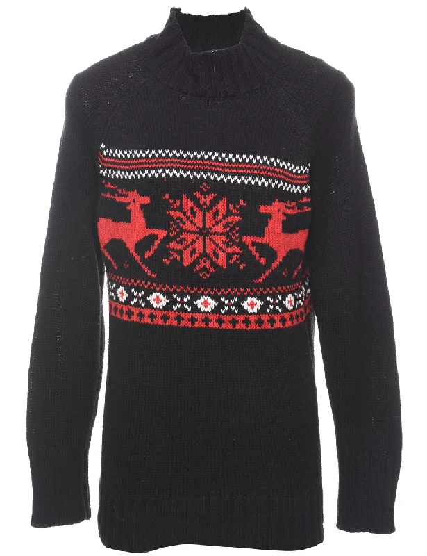 Chaps Nordic Black, White & Red Christmas Jumper - L Plaid Sweater Polka Dot Checkered