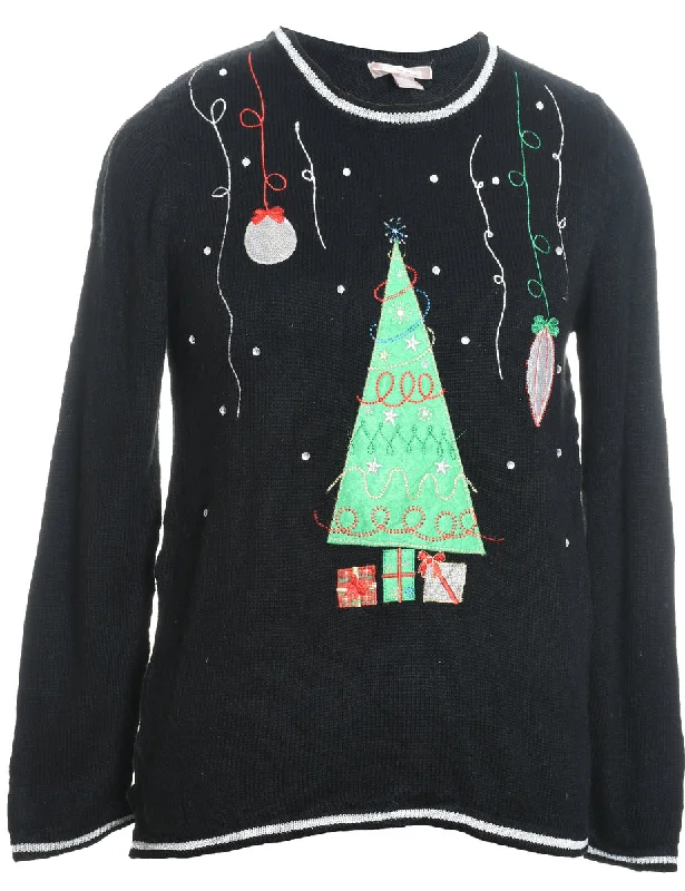 Christmas Tree Design Black Appliqued Jumper - S Cotton Fabric Linen Fabric Terry Fabric