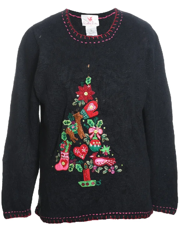 Christmas Tree Design Black Christmas Jumper - M Rayon Fabric Velvet Fabric Corduroy Fabric