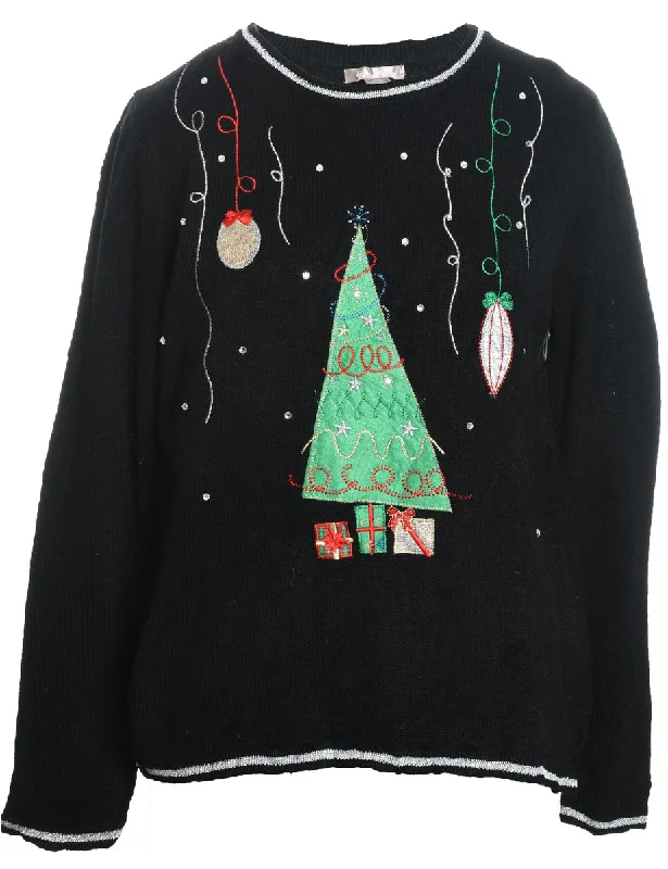 Christmas Tree Design Black Embroidered Jumper - L Jersey Fabric Tulle Fabric Batik Fabric