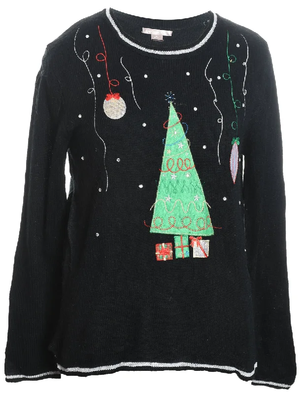 Christmas Tree Design Black Embroidered Knit Jumper - M Sweater Knitwear Pullover