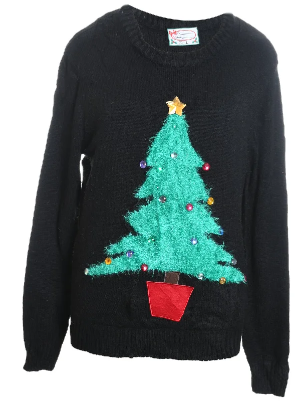 Christmas Tree Design Black Knit Jumper - L High Neck Crew Neck V-Neck