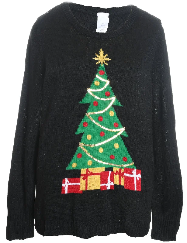 Christmas Tree Design Black Knit Jumper - XL Cable Knit Ribbed Knit Lace Knit