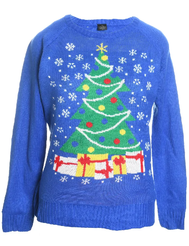 Christmas Tree Design Blue Knit Jumper - M Beaded Sweater Sequined Faux Fur