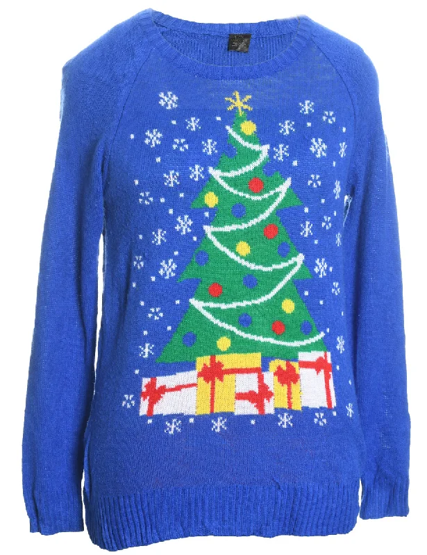 Christmas Tree Design Blue Knit Jumper - M Solid Color Striped Floral Print