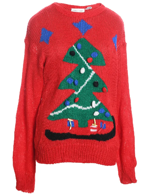 Christmas Tree Design Jumper - S Spandex Rayon Corduroy