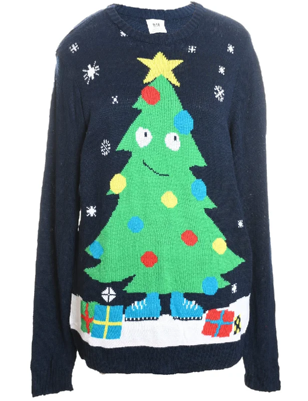 Christmas Tree Design Navy Christmas Jumper - XL Glossy Satin Silk