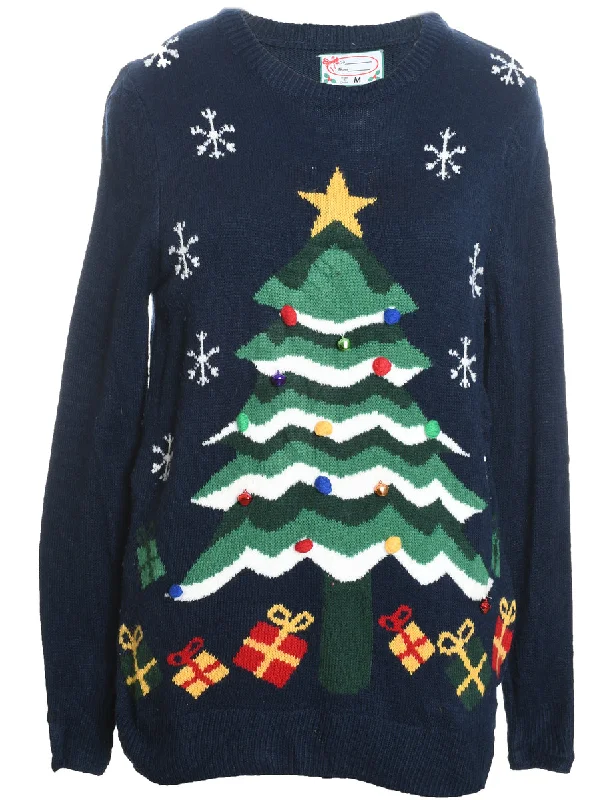 Christmas Tree Design Navy Knit Jumper  - M Ribbed Striped Patterned