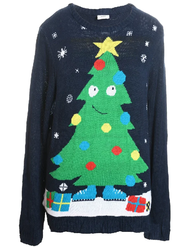 Christmas Tree Design Navy Knit Jumper - XL Chenille Blend Fleece Blend Nylon Blend