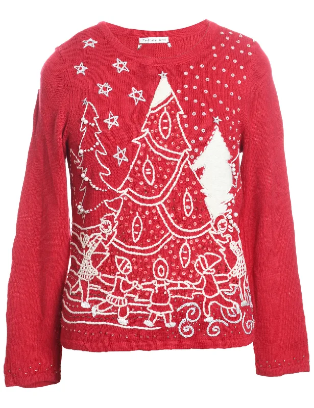 Christmas Tree Design Red & White Sequined Jumper - M Mesh Blend Leather Blend Suede Blend