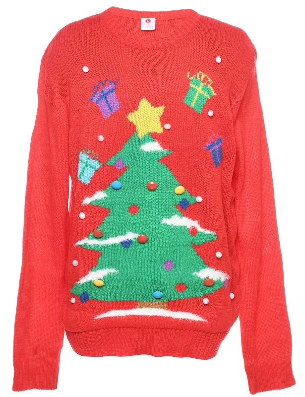 Christmas Tree Print Jumper - L Tailored Straight A-Line