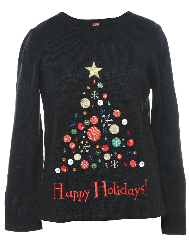 Christmas Tree Print Jumper - L Zippered Buttoned Snapped