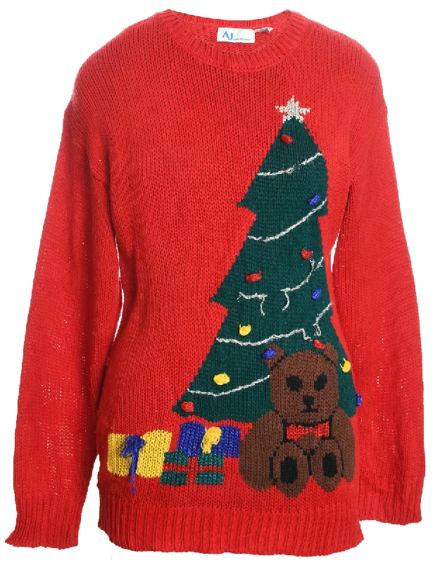 Christmas Tree Print Jumper - M Ribbed Striped Patterned