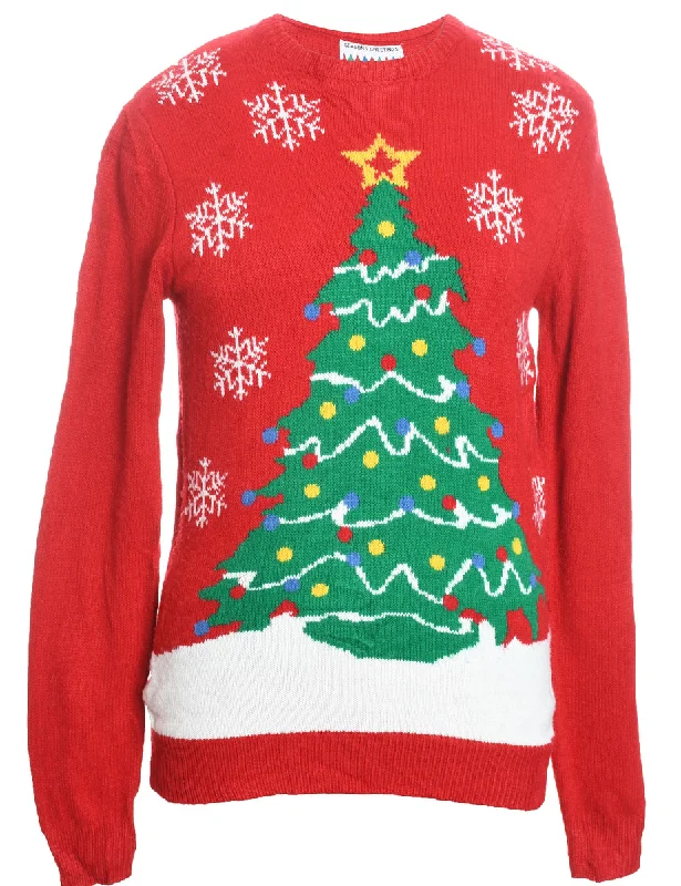 Christmas Tree Print Jumper - S Cable Knit Ribbed Knit Lace Knit