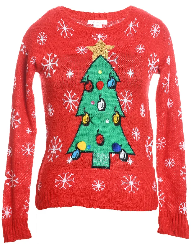 Christmas Tree Print Jumper - S Graphic Sweater Embroidered Appliqued