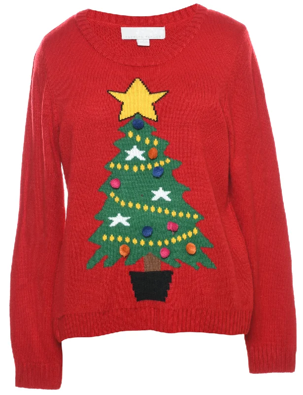 Christmas Tree Print Jumper - XL Silk Blend Satin Velvet