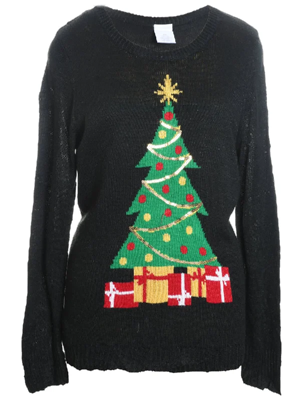 Christmas Tree Print Jumper - XL Fleece Sweater Nylon Polyester