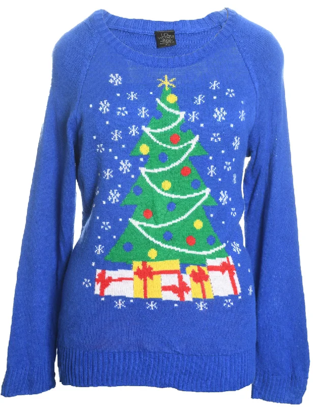 Christmas Tree Print Jumper - XL Handmade Hand-knitted Hand-woven