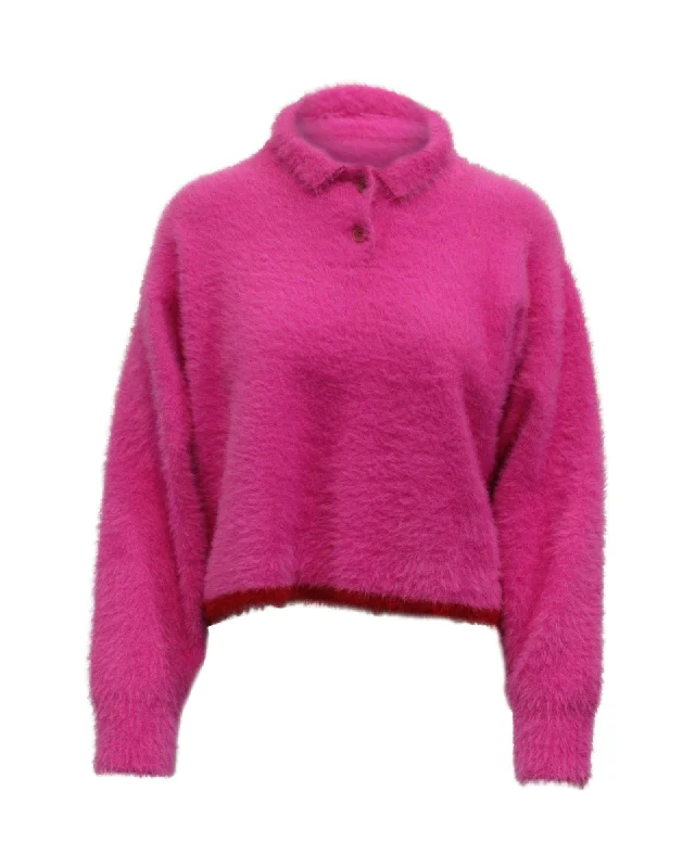 Jacquemus Le Polo Neve Textured Jumper in Pink Polyamide Front Pockets Side Pockets Patch Pockets