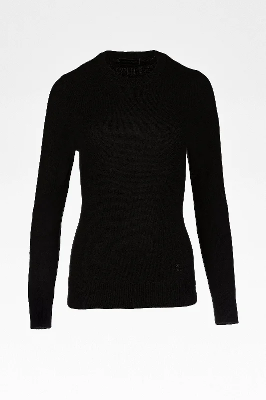 Millie Ladies Cashmere Crew Neck Jumper in Black Ribbed Striped Patterned