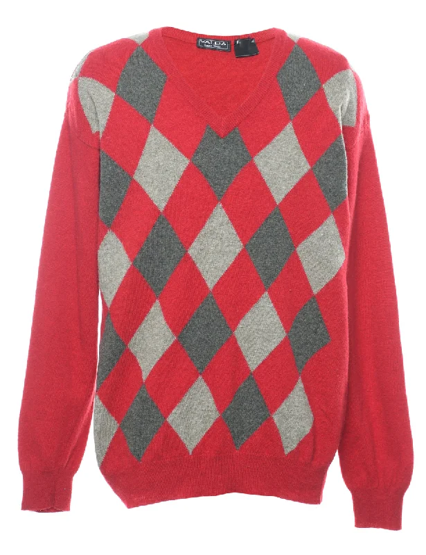 Red Harlequin Pattern Jumper - L Casual Formal Business