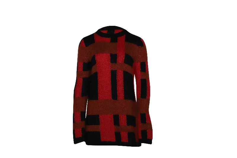 Tod's Checkered Jumper in Red Mohair Real Fur Shearling Chenille