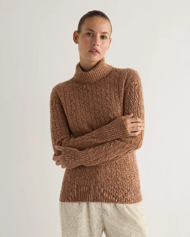 Women's Adelyn Cable Roll Cashmere Jumper Dark Camel Brown Thin Thick Dense