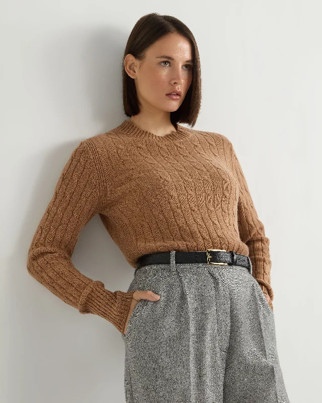 Women's Adelyn Cable Round Neck Cashmere Jumper Dark Camel Brown Mesh Sweater Canvas Denim