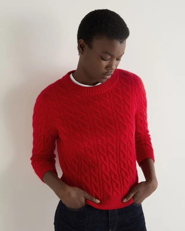 Women's Emilia Cable Round Neck Cashmere Jumper Riding Red Seamless Knitted Crochet