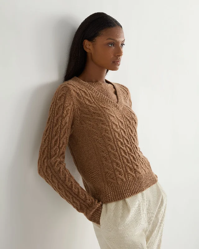 Women's Frankie Cable V Neck Cashmere Jumper Dark Camel Brown Mesh Blend Leather Blend Suede Blend