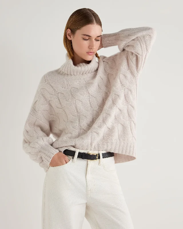 Women's Hana Chunky Cable Roll Neck Cashmere Jumper Frost White Jersey Fabric Tulle Fabric Batik Fabric