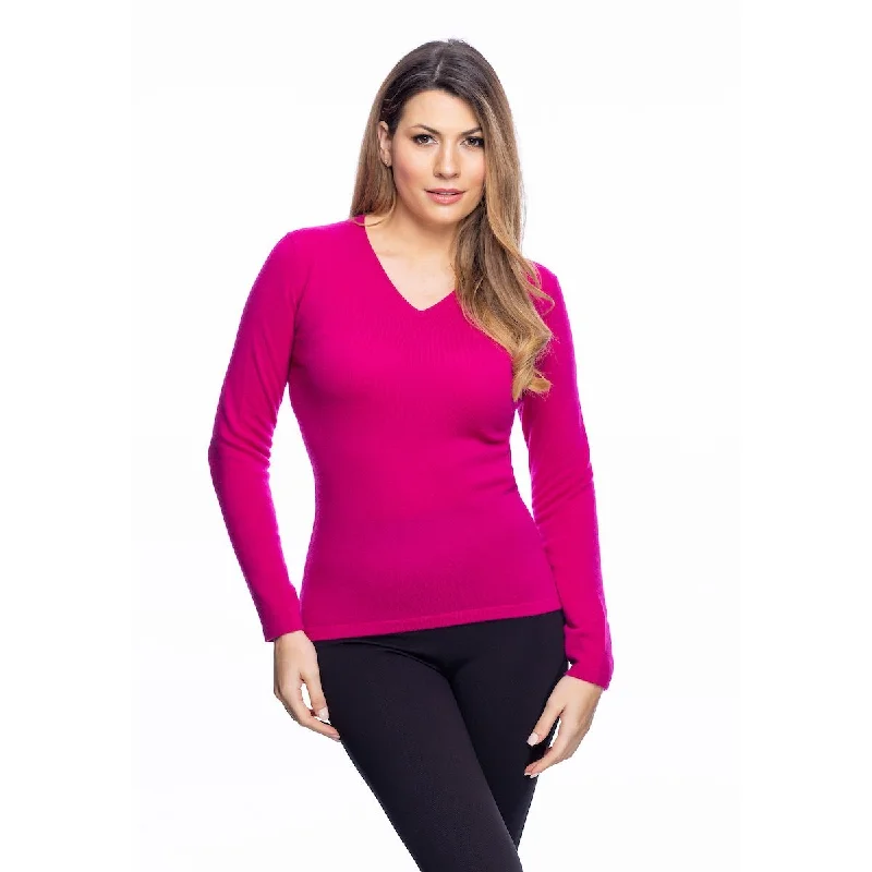 Women's Cashmere V-Neck Jumper Fuchsia Glossy Satin Silk