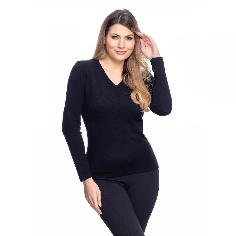 Women's Cashmere V-Neck Jumper Black Solid Print Embellished