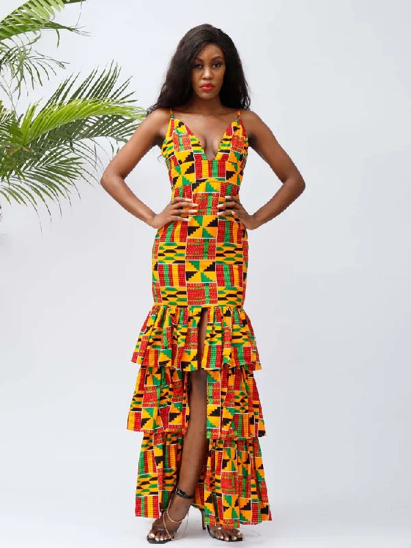 African Kente Layered Maxi Dresses Cozy Longline Maxi Dress