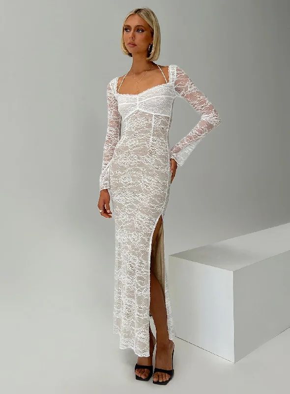 Aubriella Lace Maxi Dress Cream Cozy Maxi Dress with Slit