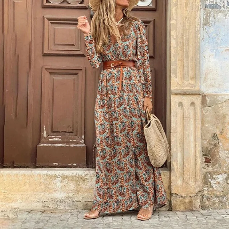 Zjkrl Autumn Dress 2023 Women New Fashionable Bohemian V-neck Floral Print Long Dress Female Short Sleeve Sexy High Split Maxi Dresses Fashionable Sheer Maxi Dress