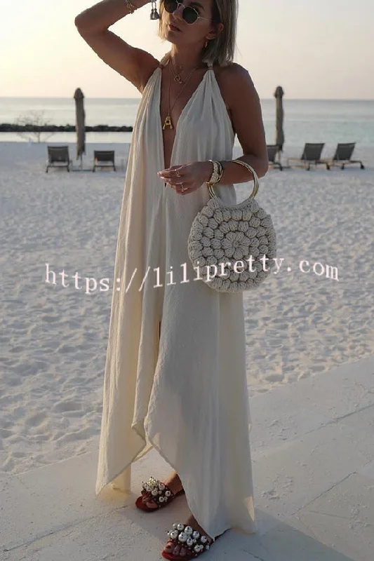 Lilipretty® Bali Dreams Linen Blend Leather Tassel Design Halter Backless Beach Maxi Dress Chic Button-Up Maxi Dress