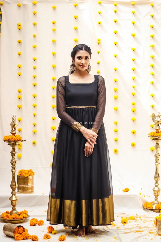 Black Georgette Maxi Dress With Dull Gold Border Comfortable Fitted Maxi Dress