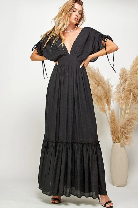 Black Ruffled & Tiered Plunge Neck Maxi Dress Chic Sleeveless Maxi Dress