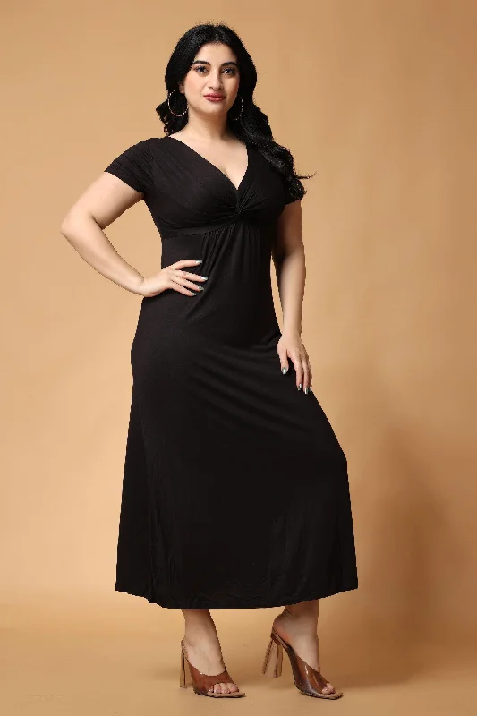 Black Solid Front Twist Maxi Dress Trendy Maxi Dress with Bow