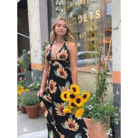 Black Sunflower Halter Double Strap Long Full Length Maxi Dress Spring Summer Fashionable Asymmetrical Maxi Dress