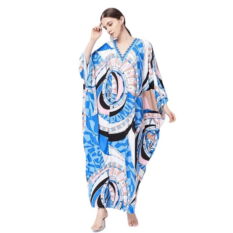 Blue Silk Bohemian Plus Size Dress V-neck Batwing Sleeve Maxi Dress Elegant Boho Maxi Dress